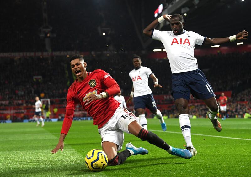 Moussa Sissoko of Tottenham Hotspur fouls Marcus Rashford, leading to a penalty. Getty Images