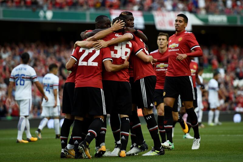 Soccer Football - Sampdoria vs Manchester United - Pre Season Friendly - Dublin, Ireland - August 2, 2017  Manchester United's Henrikh Mkhitaryan celebrates scoring their first goal with team mates    REUTERS/Clodagh Kilcoyne optaID:avv670bedsa5b8p4uzfvyawh5