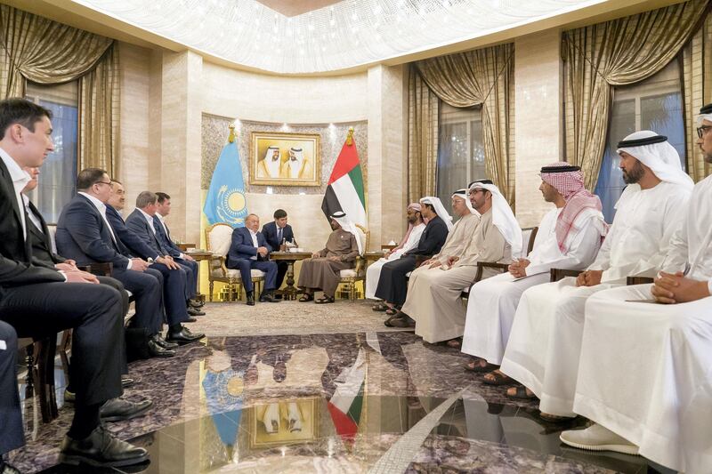 ABU DHABI, UNITED ARAB EMIRATES - March 13, 2019: HH Sheikh Mohamed bin Zayed Al Nahyan, Crown Prince of Abu Dhabi and Deputy Supreme Commander of the UAE Armed Forces (8th R), meets with HE Nursultan Nazarbayev, President of Kazakhstan (9th R), at Al Shati Palace. Seen with HE Mohamed Mubarak Al Mazrouei, Undersecretary of the Crown Prince Court of Abu Dhabi (2nd R), HE Dr Sultan Ahmed Al Jaber, UAE Minister of State, Chairman of Masdar and CEO of ADNOC Group (4th R), HE Dr Anwar bin Mohamed Gargash, UAE Minister of State for Foreign Affairs (5th R), HH Sheikh Mansour bin Zayed Al Nahyan, UAE Deputy Prime Minister and Minister of Presidential Affairs (6ht R) and HH Sheikh Tahnoon bin Zayed Al Nahyan, UAE National Security Advisor (7th R).

( Rashed Al Mansoori / Ministry of Presidential Affairs )
---