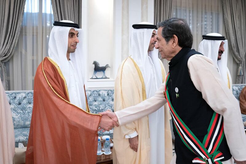 ABU DHABI, UNITED ARAB EMIRATES - June 04, 2019: HH Sheikh Khaled bin Zayed Al Nahyan, Chairman of the Board of Zayed Higher Organization for Humanitarian Care and Special Needs (ZHO) (L), greets a dignitary during an Eid Al Fitr reception at Mushrif Palace.

( Mohamed Al Hammadi / Ministry of Presidential Affairs )
---