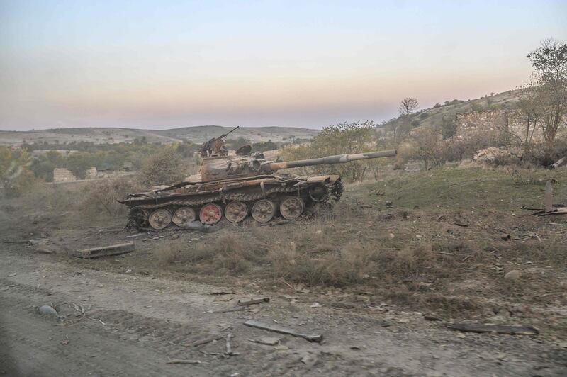 A destroyed tank in the city of Jabrayil, where Azeri forces regained control during the fighting over the breakaway region of Nagorno-Karabakh.  AFP