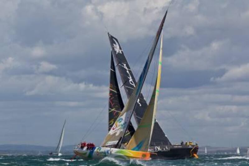 THE SOLENT, UNITED KINGDOM - AUGUST 14:  Team Sanya skippered by Mike Sanderson from New Zealand and Abu Dhabi Ocean Racing skippered by Ian Walker from the UK during the Rolex Fastnet Race on August 14, 2011 off Cowes, England.  (Photo by Ian Roman/Volvo Ocean Race via Getty Images) *** Local Caption ***  121136697.jpg