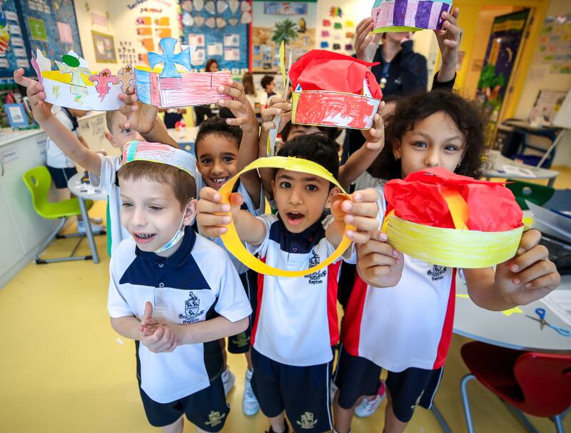 Repton School Abu Dhabi pupils prepare for the king's coronation. Victor Besa / The National