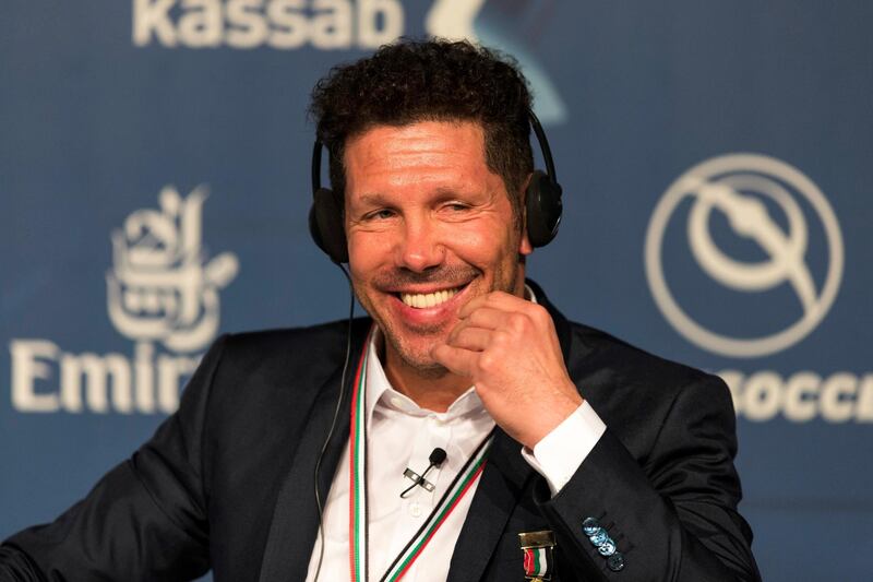 Dubai, United Arab Emirates, December 27, 2017:     Diego Pablo Simeone, coach of Atletico Madrid speaks during a discussion on Investing in the Youth Sector, during the Dubai International Sports Conference at Madinat Jumeirah in the Jumeirah area of Dubai on December 27, 2017. Christopher Pike / The National

Reporter: John McAuley
Section: Sport