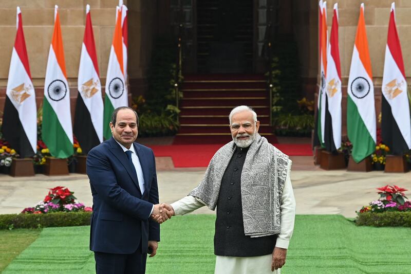 Mr El Sisi and Mr Modi before a  meeting at Hyderabad House. AFP