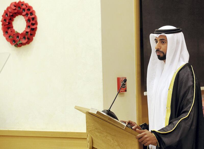 Abu Dhabi, October, 10 2019: Sheikh Mohammed bin Nahyan bin Mubarak Al Nahyan speaks during the Remembrance Sunday service to commemorate Commonwealth veterans of both world wars at the St Andrew's Church in Abu Dhabi. Satish Kumar/ For the National