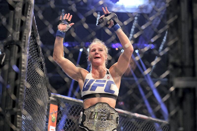 MELBOURNE, AUSTRALIA - NOVEMBER 15:  Holly Holm of the United States celebrates victory over Ronda Rousey of the United States in their UFC women's bantamweight championship bout during the UFC 193 event at Etihad Stadium on November 15, 2015 in Melbourne, Australia.  (Photo by Quinn Rooney/Getty Images)