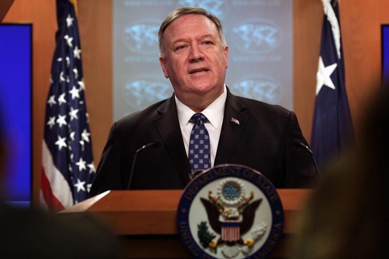 WASHINGTON, DC - FEBRUARY 25: U.S. Secretary of State Mike Pompeo speaks during a news briefing at the State Department February 25, 2020 in Washington, DC. Secretary Pompeo discussed various topics including the coronavirus outbreak and the peace talks in Afghanistan.   Alex Wong/Getty Images/AFP
== FOR NEWSPAPERS, INTERNET, TELCOS & TELEVISION USE ONLY ==

