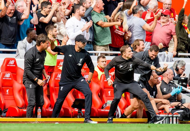 Liverpool manager Jurgen Klopp reacts to Mohamed Salah's goal against Newcastle. EPA