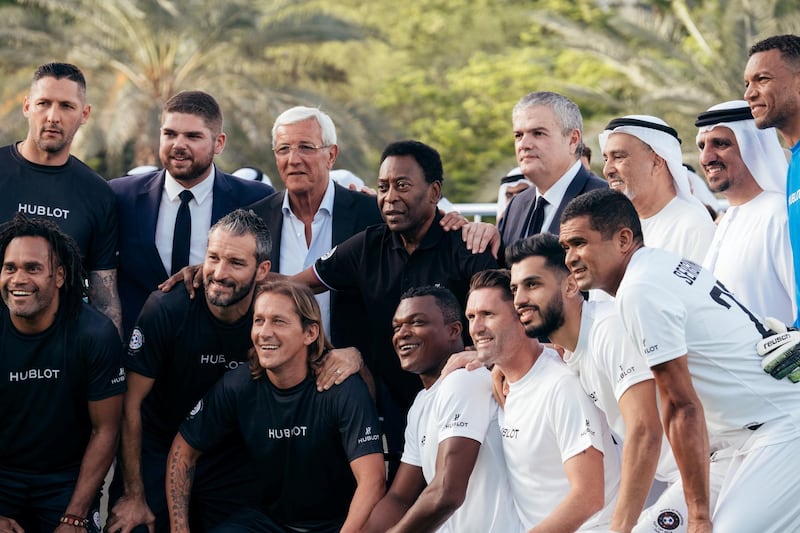 15.04.18  Match of Friendship - Pele XI vs. a Marcello Lippi XI. From Left: Materazzi, no name, Marcello Lippi, Pele, CEO of Hublot Ricardo Guadalupe, Ahmed Seddiqi, Mohammed Siddiqi,Dida, Karembeu, Zambrotta, Desailly, Keane, Majed.H and Serginho.
Dubai Opera Garden, Dubai Opera, downtown
Anna Nielsen For The National

