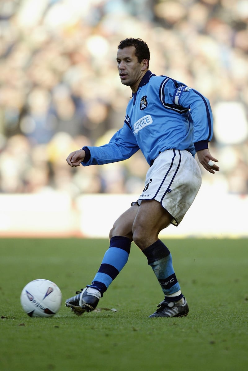 MANCHESTER - JANUARY 5:  Ali Benarbia of Manchester City lays the ball off during the FA Cup third round match between Manchester City and Liverpool held on January 5, 2003 at Maine Road, in Manchester, England. Liverpool won the match 1-0. (Photo by Alex Livesey/Getty Images)