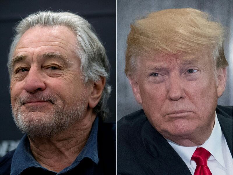(COMBO) This combination of file pictures created on June 12, 2018 shows US actor Robert De Niro (L) delivering a press conference on May 16, 2018 during the opening of the new Nobu Hotel Marbella in Marbella and US President Donald Trump following a signing ceremony during the US-North Korea summit in Singapore on June 12, 2018.

 US President Donald Trump hit back at Robert De Niro on June 12, 2018 after the Oscar-winning actor used an expletive to condemn him at the Tony Awards. "Robert De Niro, a very Low IQ individual, has received to many shots to the head by real boxers in movies," Trump tweeted. "I watched him last night and truly believe he may be 'punch-drunk.'" / AFP / JORGE GUERRERO AND SAUL LOEB
