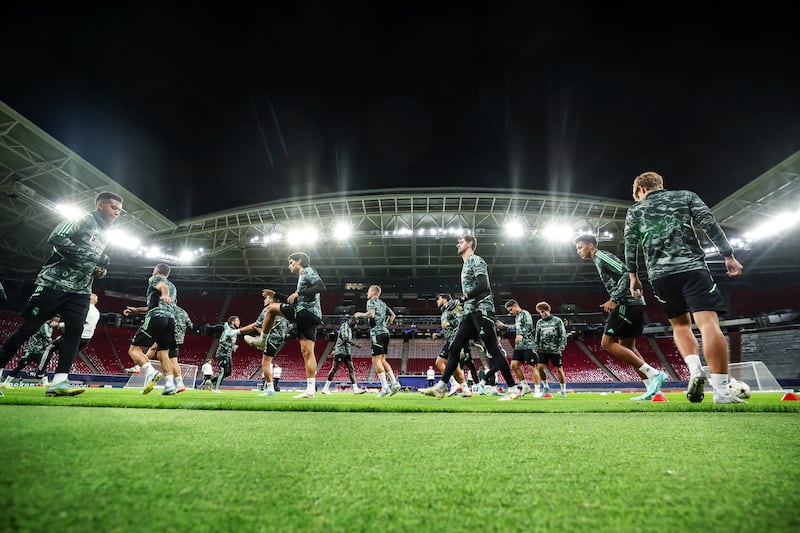 Real Madrid players take part in a training session at the Red Bull Arena Leipzig. AP