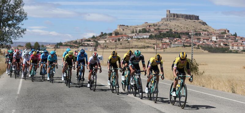 The peloton on Stage 17, from Aranda de Duero to Guadalajara, of the Vuelta a Espana.  EPA