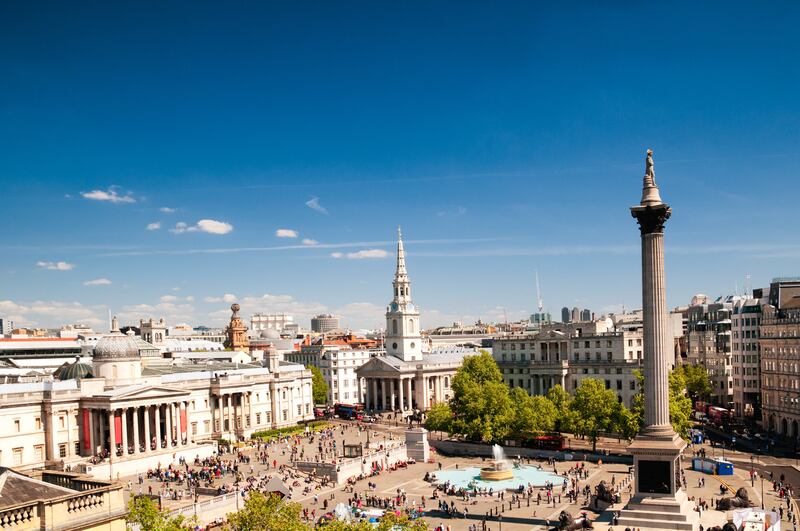 The statue of Admiral Lord Nelson stands in Trafalgar Square, London. Named for the Battle of Trafalgar, the word Trafalgar comes from the Arabic Tarif Al Ghar, meaning Cape of the Cave.