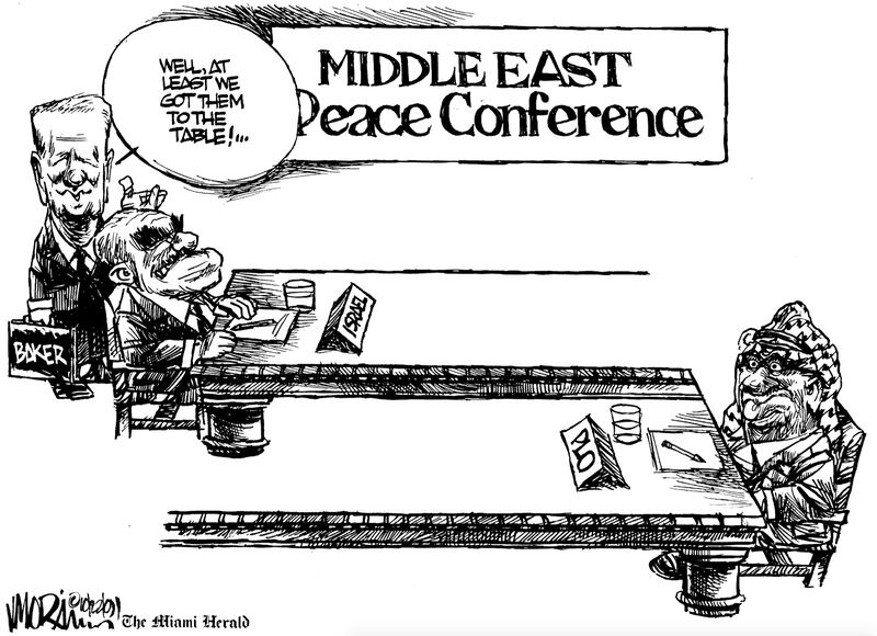 Former US secretary of state James Baker is depicted in this 1991 cartoon along with former Israeli prime minister Yitzhak Shamir and Palestinian leader Yasser Arafat.