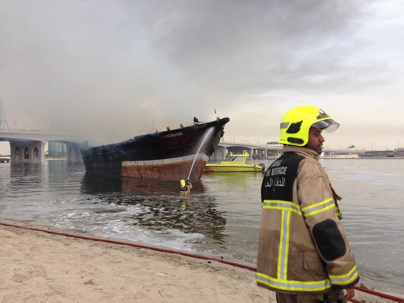 Two boats on fire in Jedaf on Dubai Creek this morning at about 9am. One of the vessels is believed to be a cargo launch. Two explosions were heard by passers-by and thick plumes of smoke could be seen from the Business Bay Crossing nearby. Civil Defence said fire crews were trying to extinguish the flames. (The National- Antonie Robertson)

