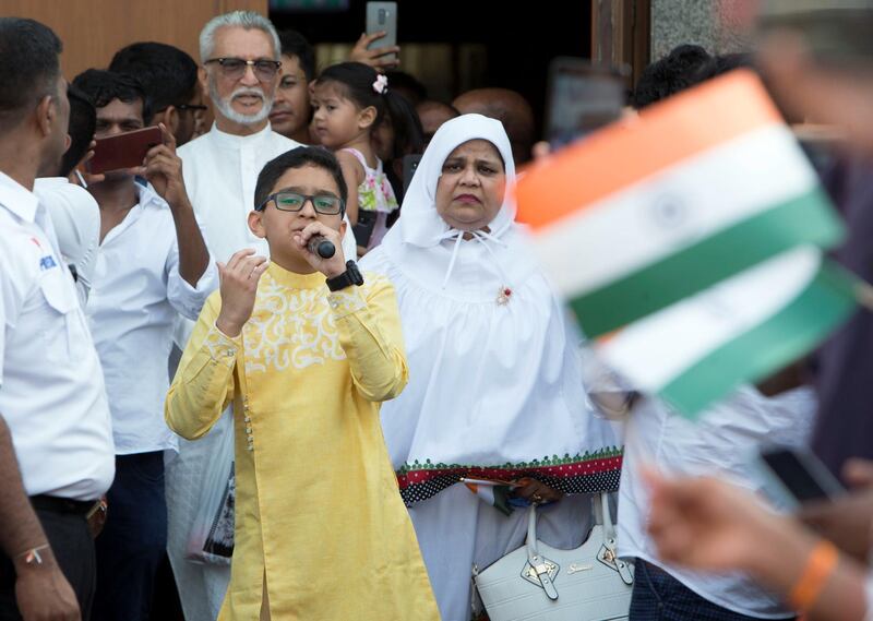 Dubai, United Arab Emirates, Amogh student of indian school sang during the celebration of the Independence day of India at Indian Consulate in Dubai.  Ruel Pableo for The National for Anna's story