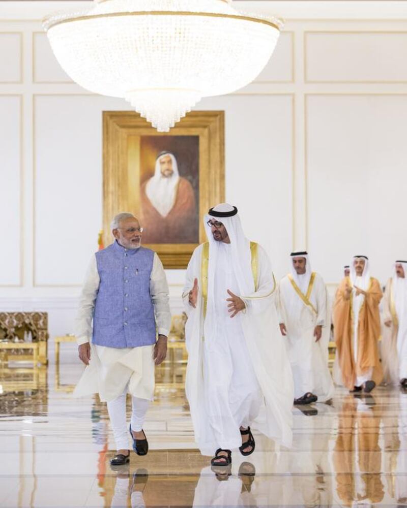 The Crown Prince of Abu Dhabi receives the Indian Prime Minister at the Presidential Airport. Ryan Carter / Crown Prince Court - Abu Dhabi