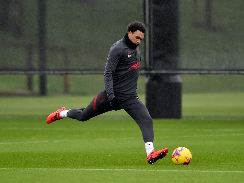 KIRKBY, ENGLAND - JANUARY 13: (THE SUN OUT, THE SUN ON SUNDAY OUT) Trent Alexander-Arnold of Liverpool during a training session at AXA Training Centre on January 13, 2021 in Kirkby, England. (Photo by Andrew Powell/Liverpool FC via Getty Images)