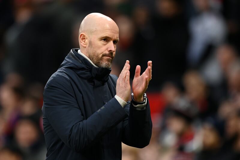 Erik ten Hag, manager of Manchester United, applauds fans during the game. Getty