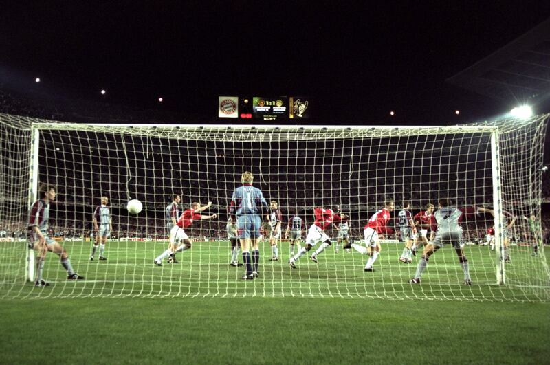 26 May 1999:  Ole Gunnar Solskjaer scores the second and winning goal for Manchester United deep in injury time during the European Champions League Final against Bayern Munich in the Nou Camp Stadium, Barcelona, Spain. Manchester United won 2 - 1 with both United goals scored during injury time, to secure the treble of League, FA Cup and European Cup. \ Mandatory Credit:   /Allsport