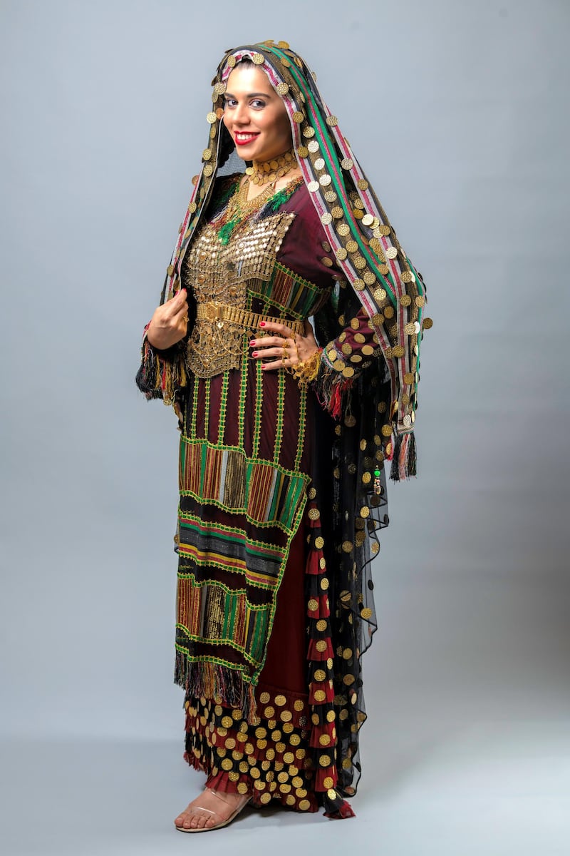 Asiri outfit- South of Saudi
Known for colorful embroidery, worn in Asir region, located in the southwest. Each dress used to take 3- 4 months to finish and it uses silk and golden threads. Hussain Haddad for The National. 