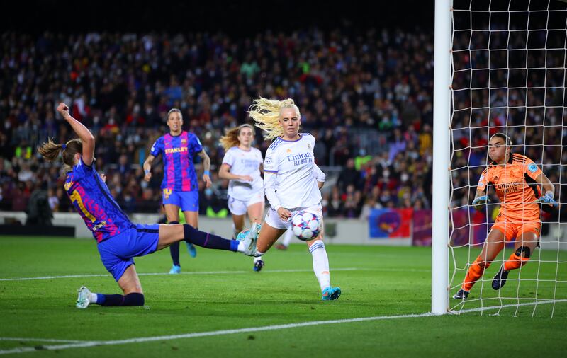 Caroline Graham Hansen of Barcelona scores their team's fifth goal. Getty