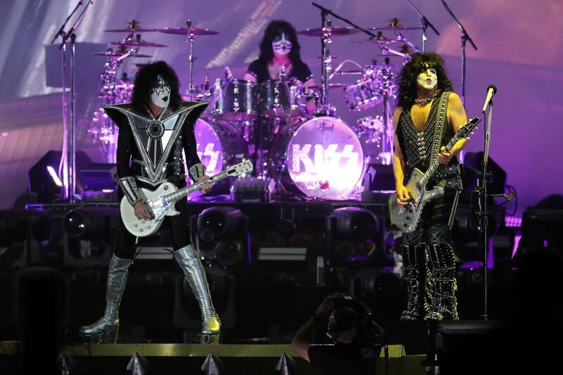 DUBAI, UNITED ARAB EMIRATES , December 31 – 2020 :- Members of the rock band Kiss performing during the New Year’s Eve at the Atlantis hotel on Palm Jumeirah in Dubai. ( Pawan Singh / The National ) For News/Standalone/Online/Instagram. Story by Saeed