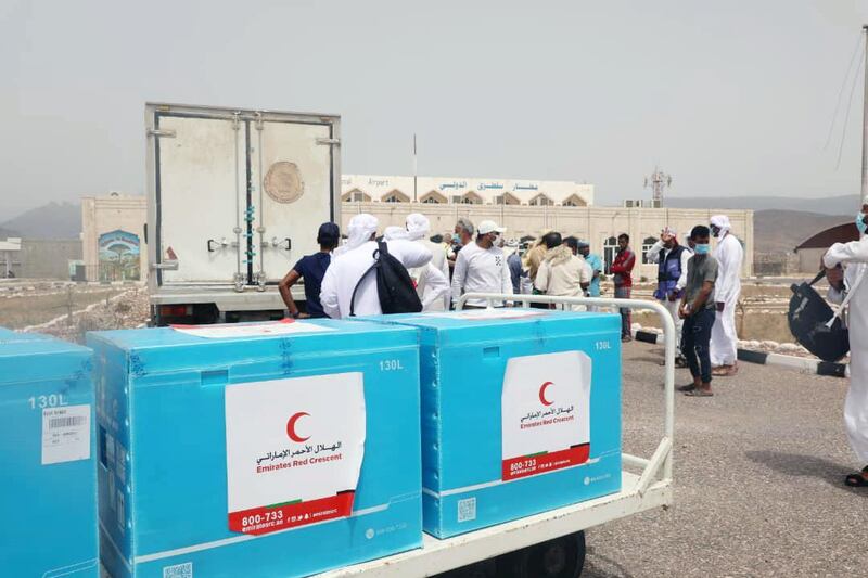 SOCOTRA, 17th June, 2021 (WAM) -- The UAE, represented by its humanitarian arm, the Emirates Red Crescent (ERC), dispatched a shipment of 60,000 COVID-19 vaccine doses to Socotra Governorate, Yemen, to support the local efforts aimed at addressing the pandemic. Wam