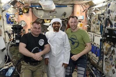 Hazza Al Mansouri on board the ISS in a traditional Emirati kandoura. Courtesy: MBRSC 