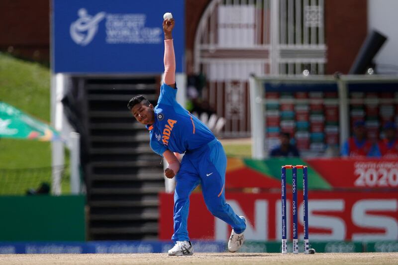 India's Akash Singh delivers a ball to Bangladesh's Parvez Hossain Emon during the ICC Under-19 World Cup cricket finals between India and Bangladesh at the Senwes Park, in Potchefstroom, on February 9, 2020. (Photo by MICHELE SPATARI / AFP)