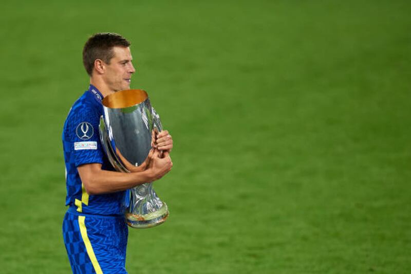 Chelsea captain Cesar Azpilicueta celebrates with the Uefa Super Cup trophy.