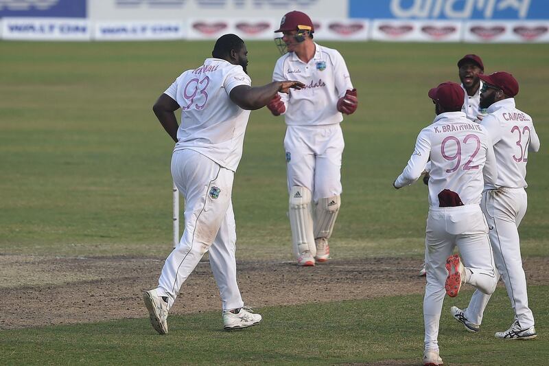 West Indies' players celebrates the dismissal of Bangladesh's Taijul Islam. AFP