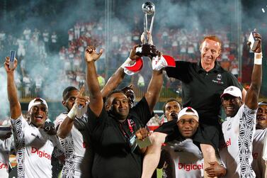 Ben Ryan (black shirt, right) coached Fiji to two Dubai Rugby Sevens titles as well as Olympic Gold at the 2016 Games in Rio. Jake Badger for The National