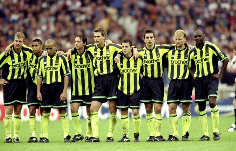 30 May 1999:  The Manchester City players line up during the penalty shoot-out during the Nationwide Division Two Play-Off Final match against Gillingham played at Wembley Stadium in London, England.  The match finished in a 2-2 draw after extra-time andin the penalty shoot-out Manchester City won 3-1 and were promoted to Division One. \ Mandatory Credit: Alex Livesey /Allsport/Getty Images