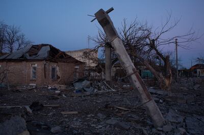 Destroyed buildings in a residential area after being hit by an Iskander missile in Baryshivka, Ukraine. Getty Images