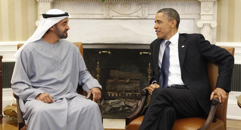 US president Barack Obama holds a meeting with Sheikh Mohammed bin Zayed in the Oval Office of the White House. Kevin Lamarque / Reuters / April 26, 2011