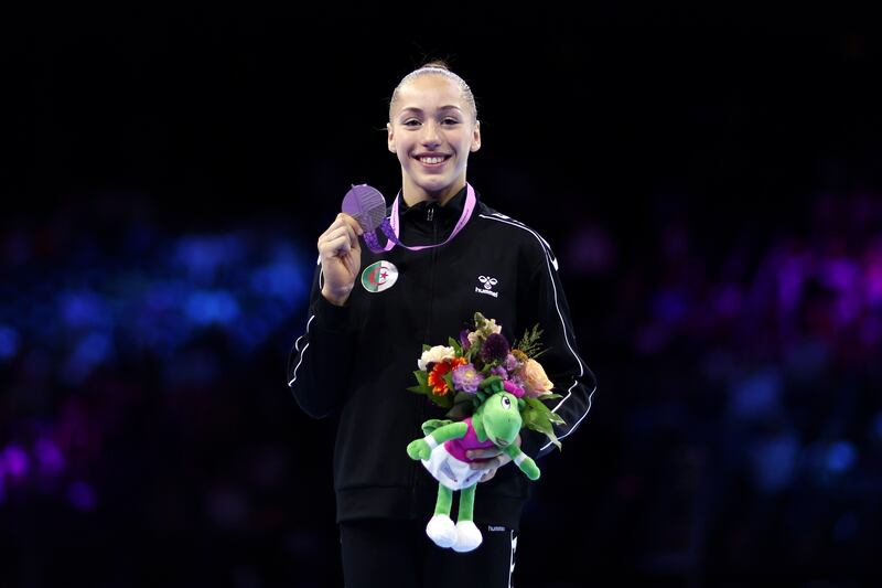 Kaylia Nemour with her uneven bars silver medal at the 2023 Artistic Gymnastics World Championships. Getty