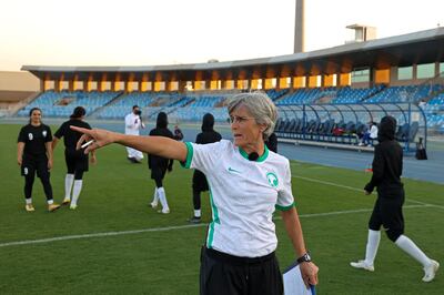 Monika Staab leads a training session for the newly established Saudi women's football team. AFP