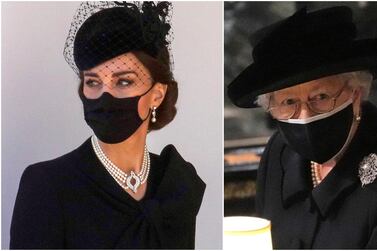 The Duchess of Cambridge wore Bahraini pearls to Prince Philip's funeral, a wedding present given to Queen Elizabeth II in 1947; the Queen wore a brooch, given to her grandmother, Queen Mary, in 1893. Getty Images