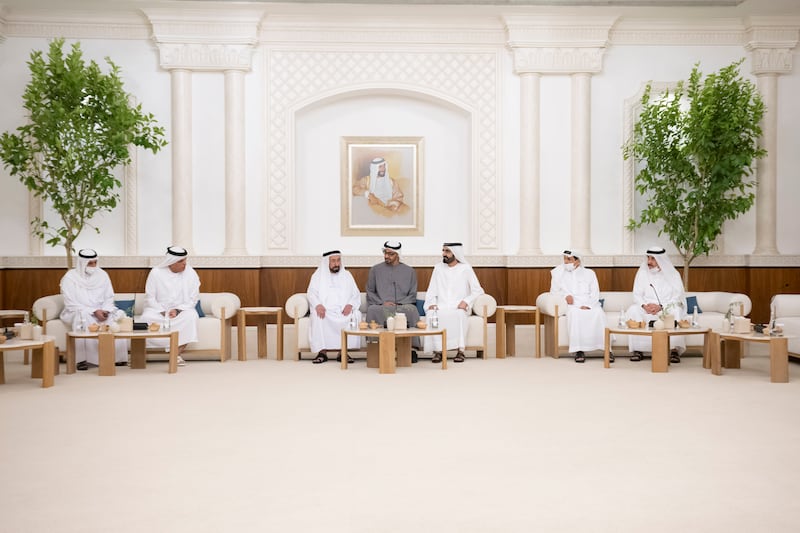 From left: Sheikh Hamad bin Mohammed Al Sharqi, Ruler of Fujairah, Sheikh Saud bin Saqr Al Qasimi, Ruler of Ras Al Khaimah, Sheikh Dr Sultan bin Muhammad Al Qasimi, Ruler of Sharjah, President Sheikh Mohamed, Sheikh Mohammed bin Rashid, Vice President and Ruler of Dubai, Sheikh Humaid bin Rashid Al Nuaimi, Ruler of Ajman, and Sheikh Saud bin Rashid Al Mualla, Ruler of Umm Al Quwain, attend a Federal Supreme Council meeting at Mushrif Palace. All photos: Ministry of Presidential Affairs