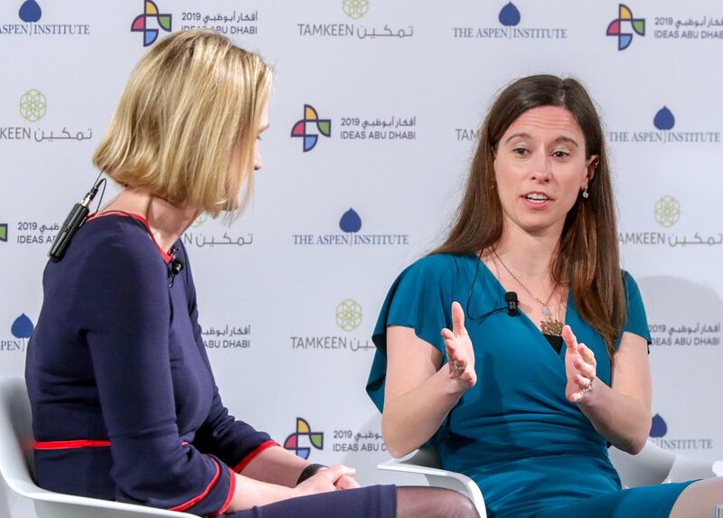 Abu Dhabi, United Arab Emirates, March 28, 2019.   IDEAS Abu Dhabi Forum.--  (L-R)   Betsy Cooper – Director, Tech Policy Hub, Aspen Institute and Cassandra Kelly – EU Global Tech Panel; Co-Founder Pottinger, CChange.
Victor Besa/The National
Section:  NA
Reporter:  Dan Sanderson