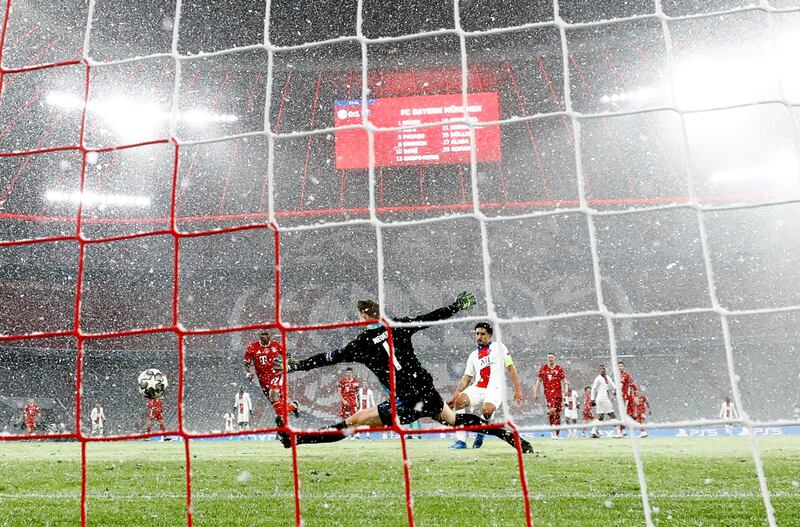 Marquinhos of Paris St Germain scores his side's second goal against Bayern Munich in the Champions League. Reuters