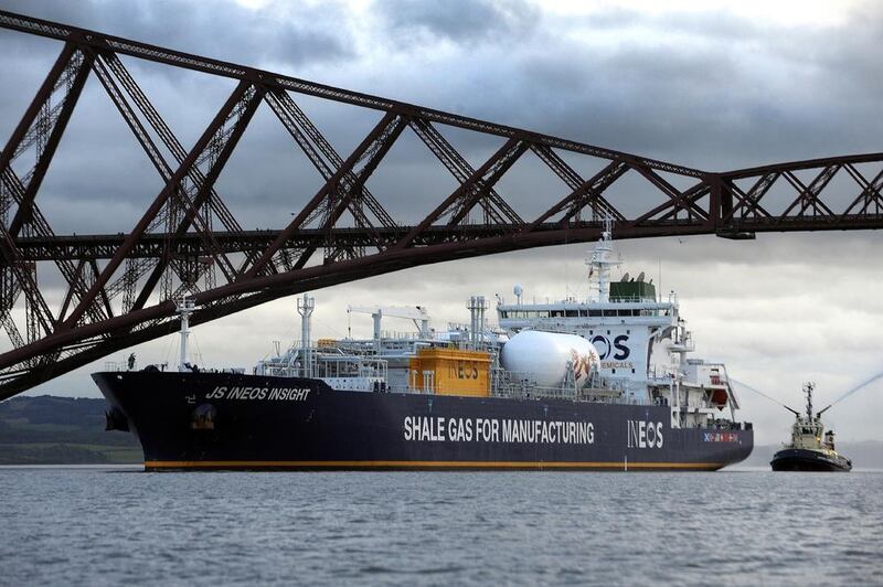 The JS Ineos Insight carries the first shipment of shale gas from the United States to Grangemouth in Scotland – where it is welcomed by a bagpipe player on its bow. US exports of liquefied natural gas are now turning up around the world, including traditional energy producers such as Dubai, Kuwait, Jordan and Egypt.

 Andy Buchanan / AFP
