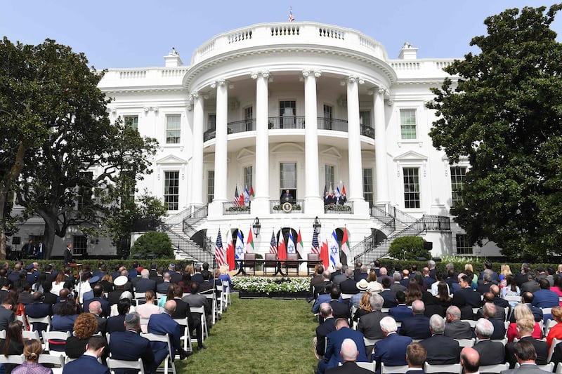 US President Donald Trump speaks from the Truman Balcony at the White House during the signing ceremony of the Abraham Accord. AFP