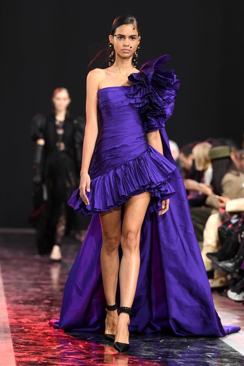 PARIS, FRANCE - FEBRUARY 29: (EDITORIAL USE ONLY) A model walks the runway during the Elie Saab show as part of the Paris Fashion Week Womenswear Fall/Winter 2020/2021 on February 29, 2020 in Paris, France. (Photo by Pascal Le Segretain/Getty Images)