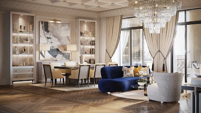 Neutral colour palettes are interspersed with pops of colour, including midnight blue. Photo: Jumeirah Mina A’Salam