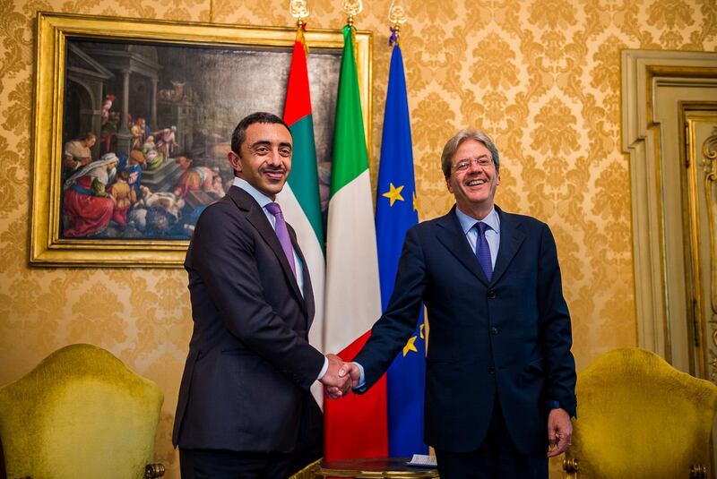 Sheikh Abdullah bin Zayed, Minister of Foreign Affairs and International Cooperation, meets with Italian prime minister Paolo Gentiloni in Rome on Saturday. Wam