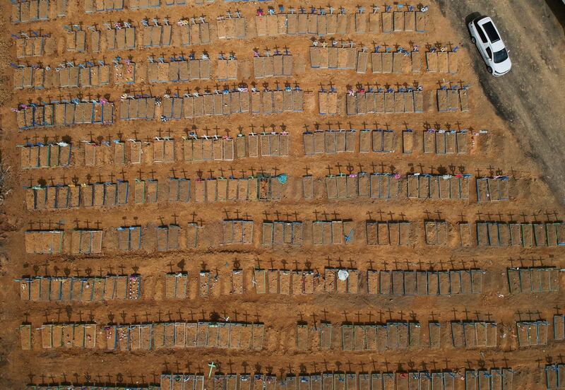 An aerial view of the Parque Taruma cemetery, amid the Covid-19 outbreak, in Manaus, Brazil. Reuters